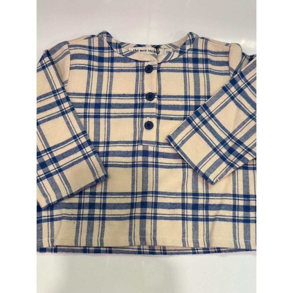 The New Society Jean Baby Shirt Blue Check Plaid Cotton Top 3M NWT